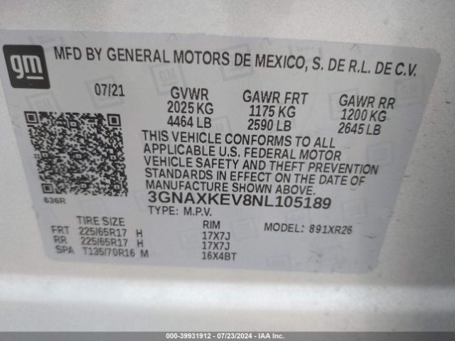 Photo 8 VIN: 3GNAXKEV8NL105189 - CHEVROLET EQUINOX 