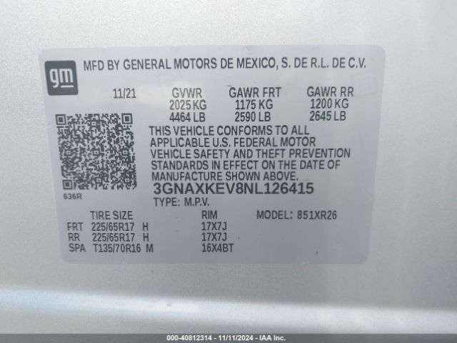 Photo 8 VIN: 3GNAXKEV8NL126415 - CHEVROLET EQUINOX 