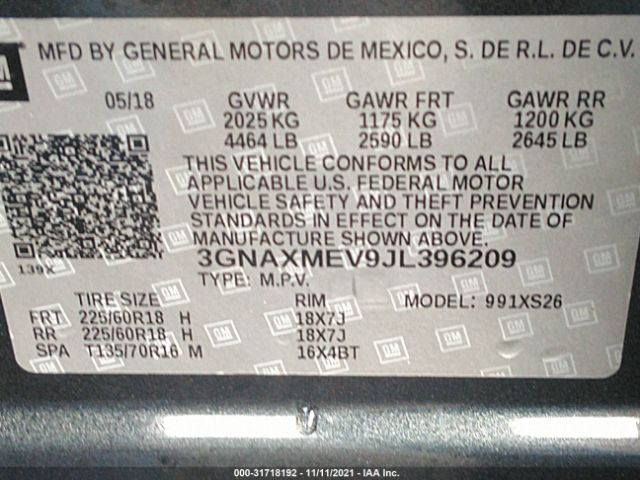 Photo 8 VIN: 3GNAXMEV9JL396209 - CHEVROLET EQUINOX 