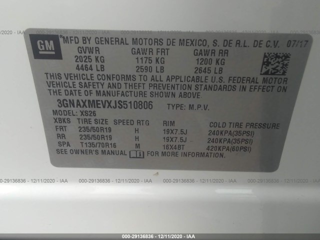 Photo 8 VIN: 3GNAXMEVXJS510806 - CHEVROLET EQUINOX 