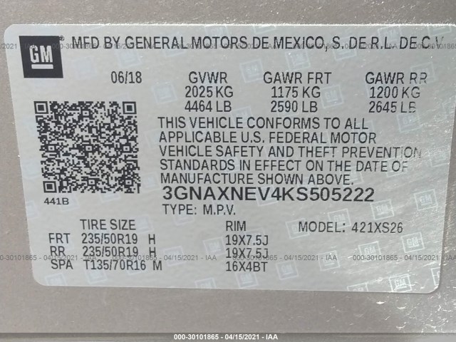 Photo 8 VIN: 3GNAXNEV4KS505222 - CHEVROLET EQUINOX 