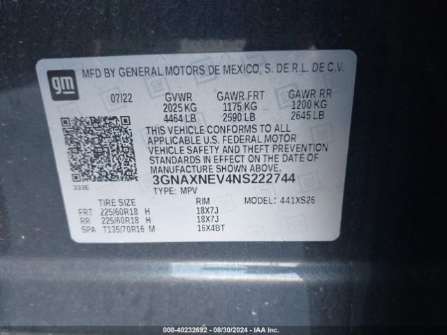 Photo 8 VIN: 3GNAXNEV4NS222744 - CHEVROLET EQUINOX 