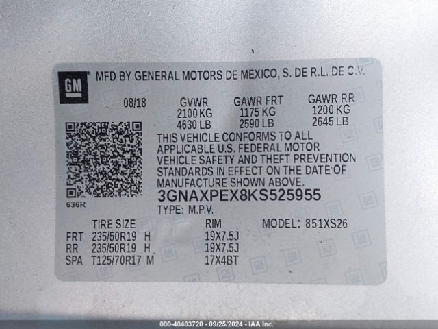 Photo 8 VIN: 3GNAXPEX8KS525955 - CHEVROLET EQUINOX 