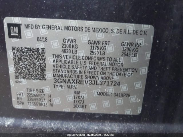 Photo 8 VIN: 3GNAXREV3JL371724 - CHEVROLET EQUINOX 