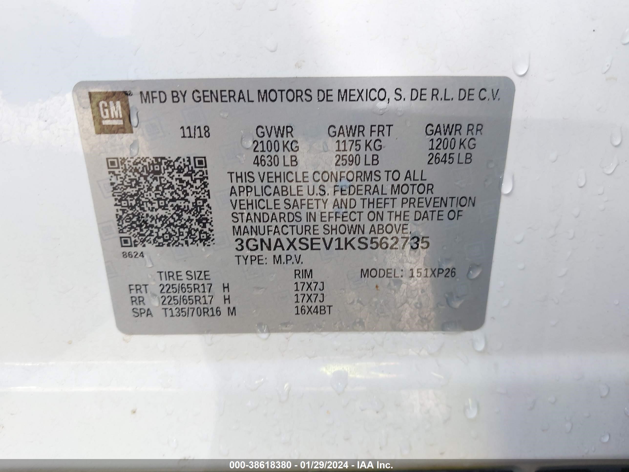 Photo 8 VIN: 3GNAXSEV1KS562735 - CHEVROLET EQUINOX 