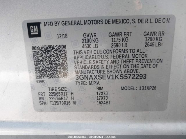 Photo 8 VIN: 3GNAXSEV1KS572293 - CHEVROLET EQUINOX 