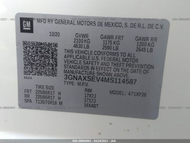 Photo 8 VIN: 3GNAXSEV4MS114587 - CHEVROLET EQUINOX 