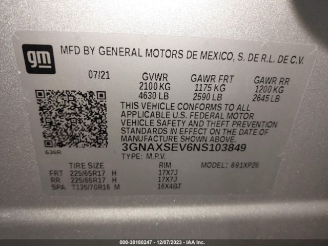 Photo 8 VIN: 3GNAXSEV6NS103849 - CHEVROLET EQUINOX 