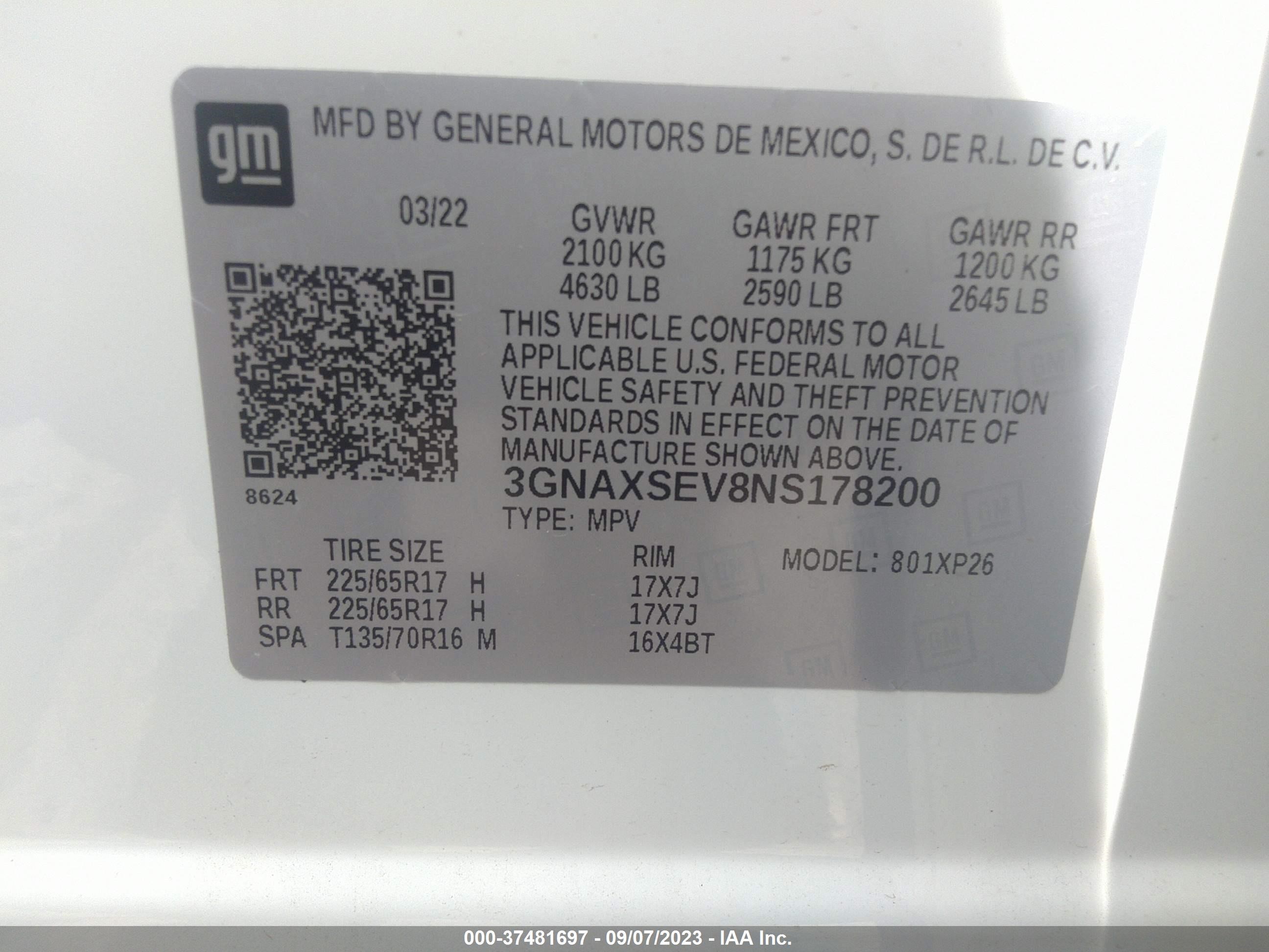 Photo 8 VIN: 3GNAXSEV8NS178200 - CHEVROLET EQUINOX 