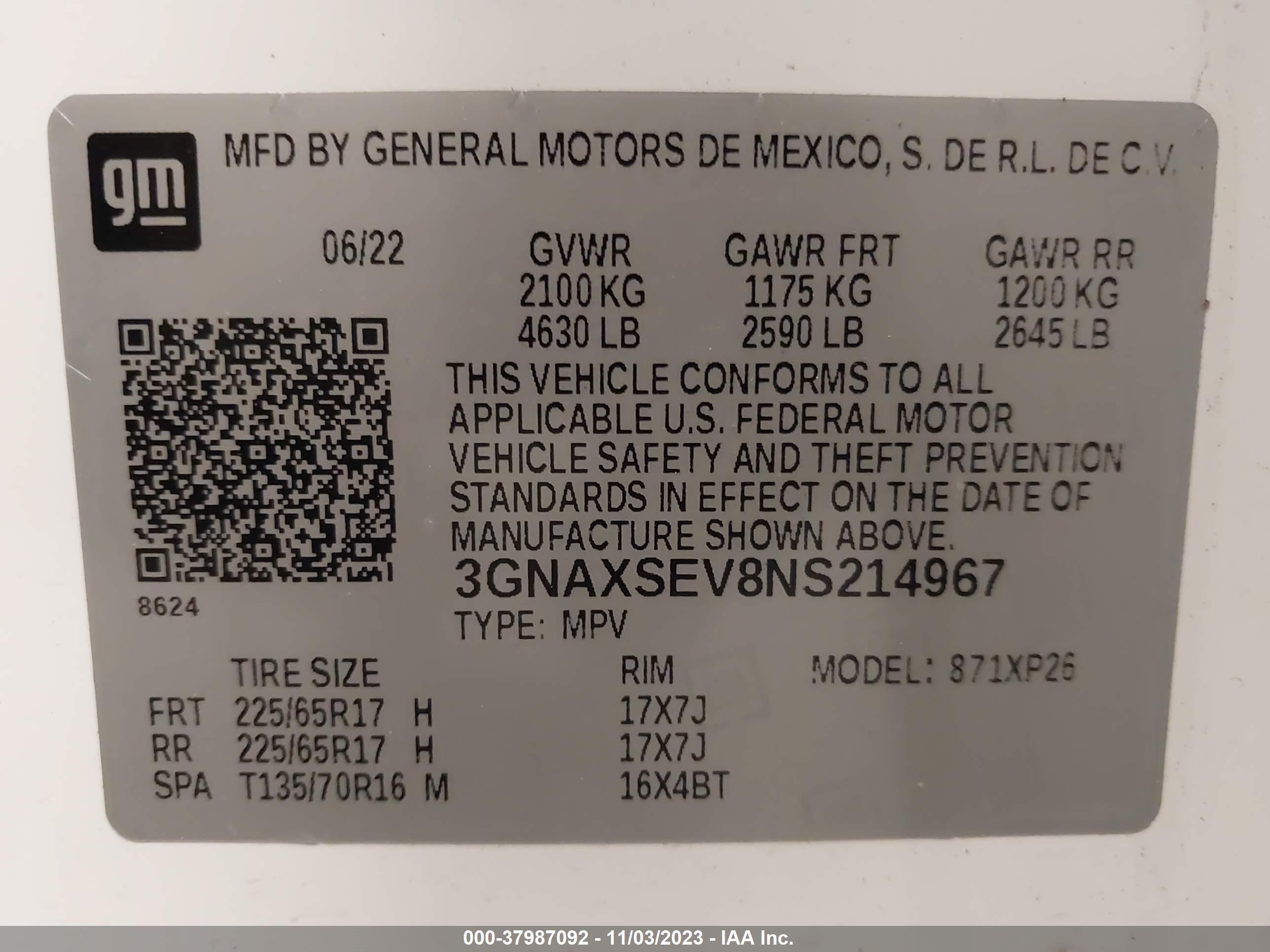 Photo 8 VIN: 3GNAXSEV8NS214967 - CHEVROLET EQUINOX 