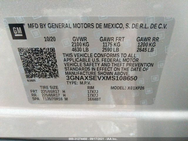 Photo 8 VIN: 3GNAXSEVXMS108650 - CHEVROLET EQUINOX 