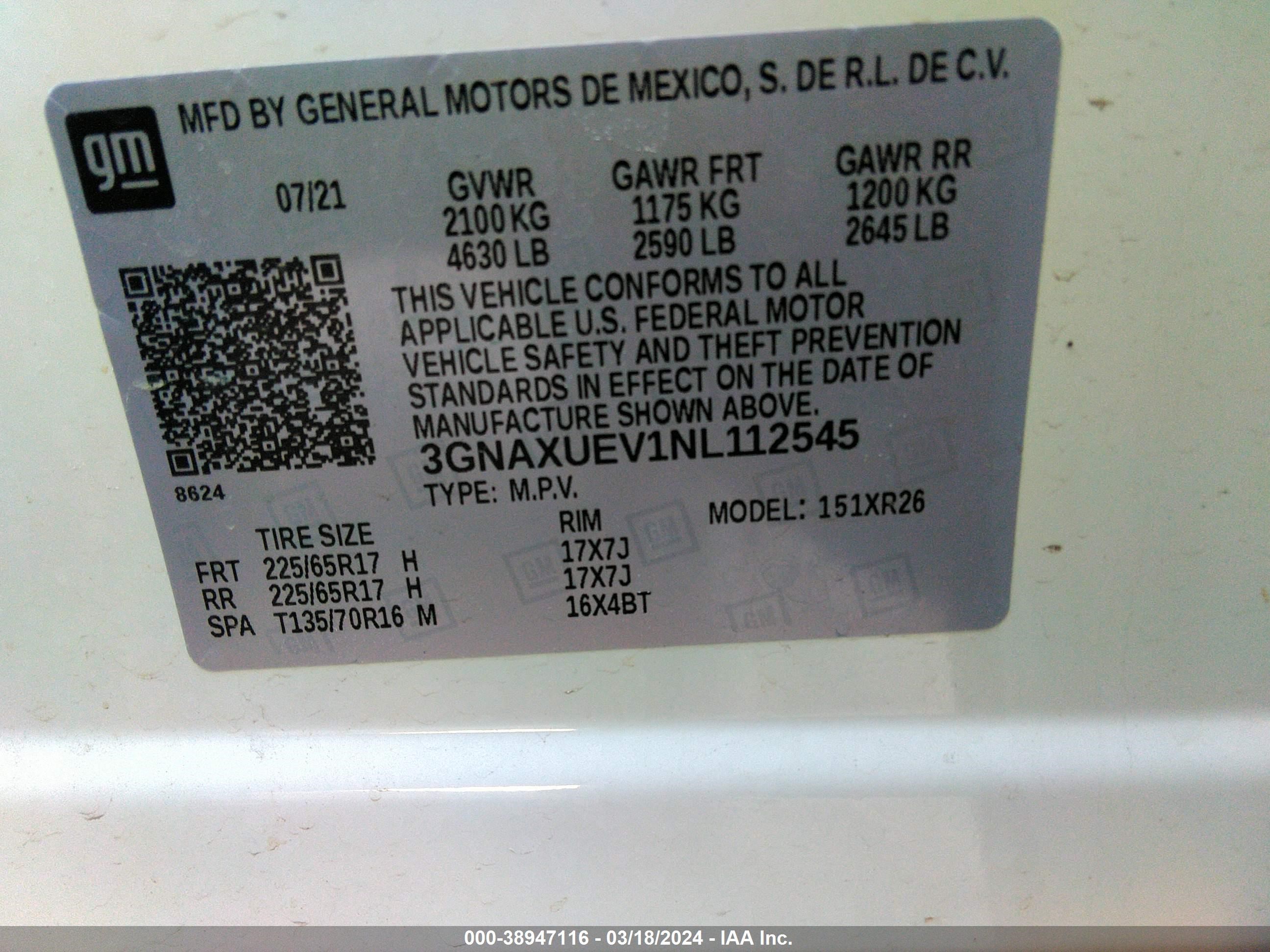 Photo 8 VIN: 3GNAXUEV1NL112545 - CHEVROLET EQUINOX 