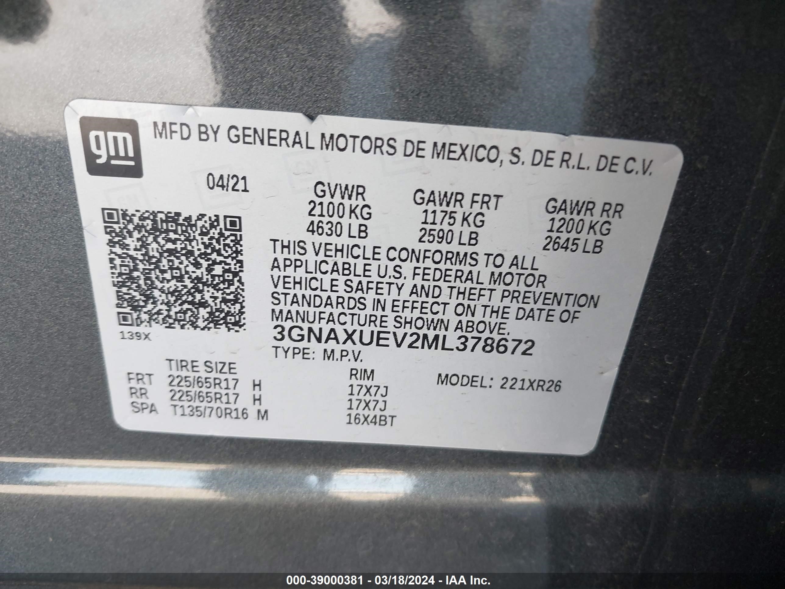 Photo 8 VIN: 3GNAXUEV2ML378672 - CHEVROLET EQUINOX 