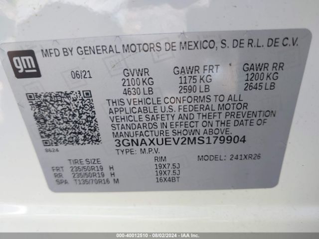 Photo 8 VIN: 3GNAXUEV2MS179904 - CHEVROLET EQUINOX 