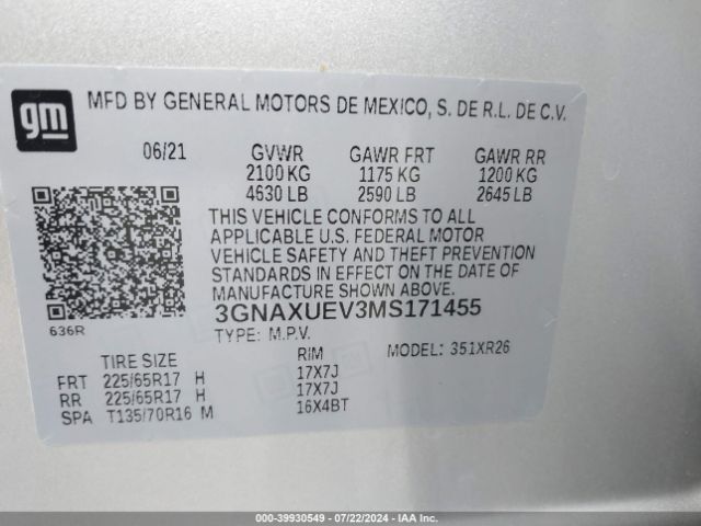 Photo 8 VIN: 3GNAXUEV3MS171455 - CHEVROLET EQUINOX 