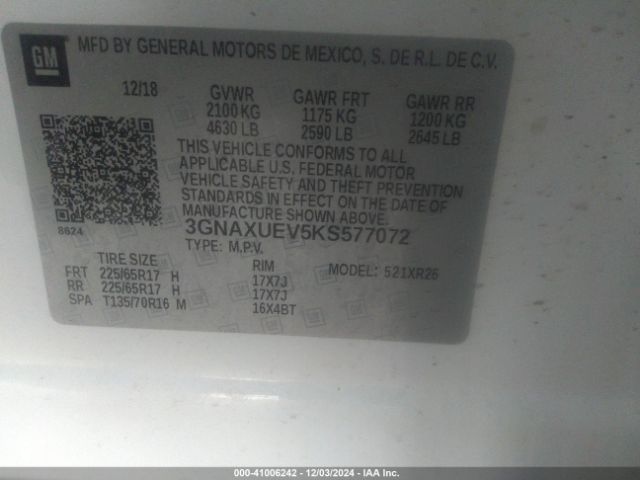 Photo 8 VIN: 3GNAXUEV5KS577072 - CHEVROLET EQUINOX 