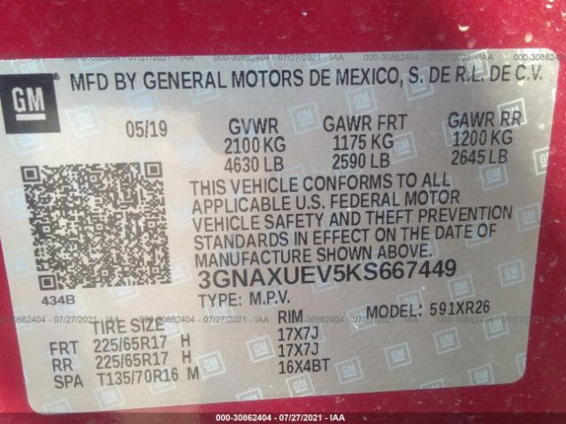 Photo 8 VIN: 3GNAXUEV5KS667449 - CHEVROLET EQUINOX 