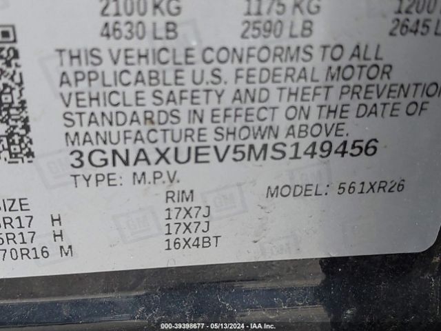 Photo 8 VIN: 3GNAXUEV5MS149456 - CHEVROLET EQUINOX 