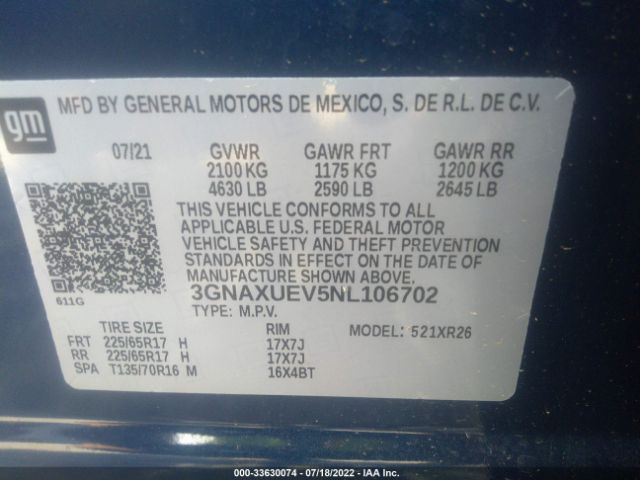 Photo 8 VIN: 3GNAXUEV5NL106702 - CHEVROLET EQUINOX 