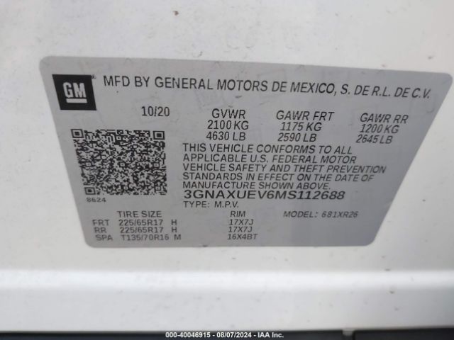 Photo 8 VIN: 3GNAXUEV6MS112688 - CHEVROLET EQUINOX 