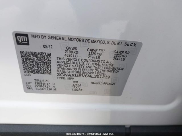 Photo 8 VIN: 3GNAXUEV6NL301319 - CHEVROLET EQUINOX 