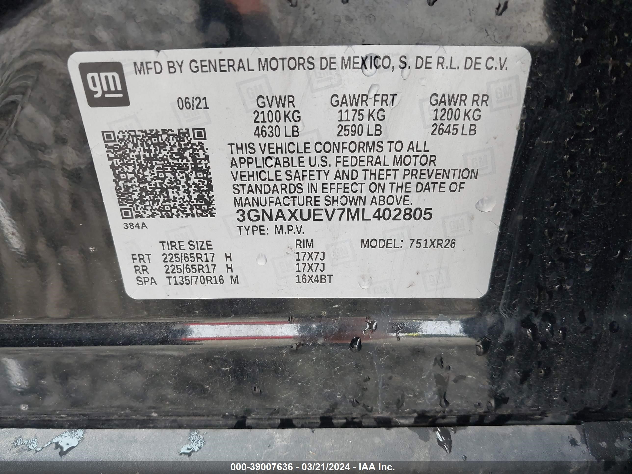 Photo 8 VIN: 3GNAXUEV7ML402805 - CHEVROLET EQUINOX 