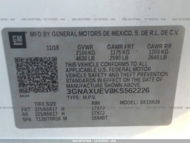 Photo 8 VIN: 3GNAXUEV8KS562226 - CHEVROLET EQUINOX 