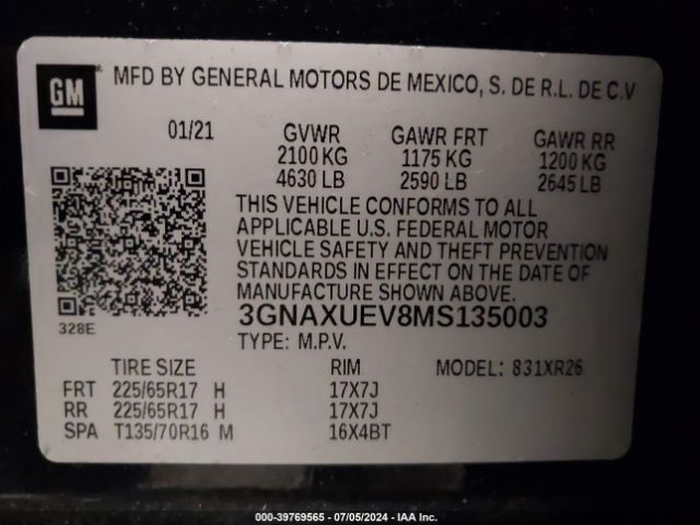 Photo 8 VIN: 3GNAXUEV8MS135003 - CHEVROLET EQUINOX 