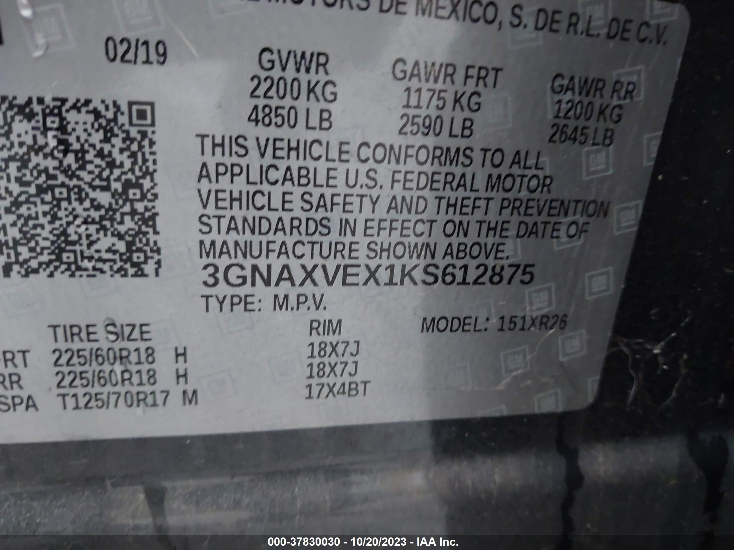 Photo 8 VIN: 3GNAXVEX1KS612875 - CHEVROLET EQUINOX 