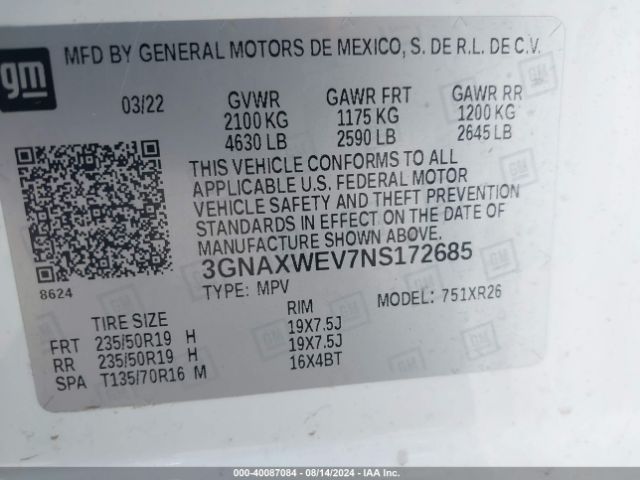 Photo 8 VIN: 3GNAXWEV7NS172685 - CHEVROLET EQUINOX 