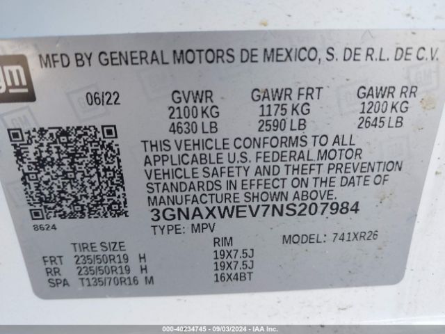 Photo 8 VIN: 3GNAXWEV7NS207984 - CHEVROLET EQUINOX 