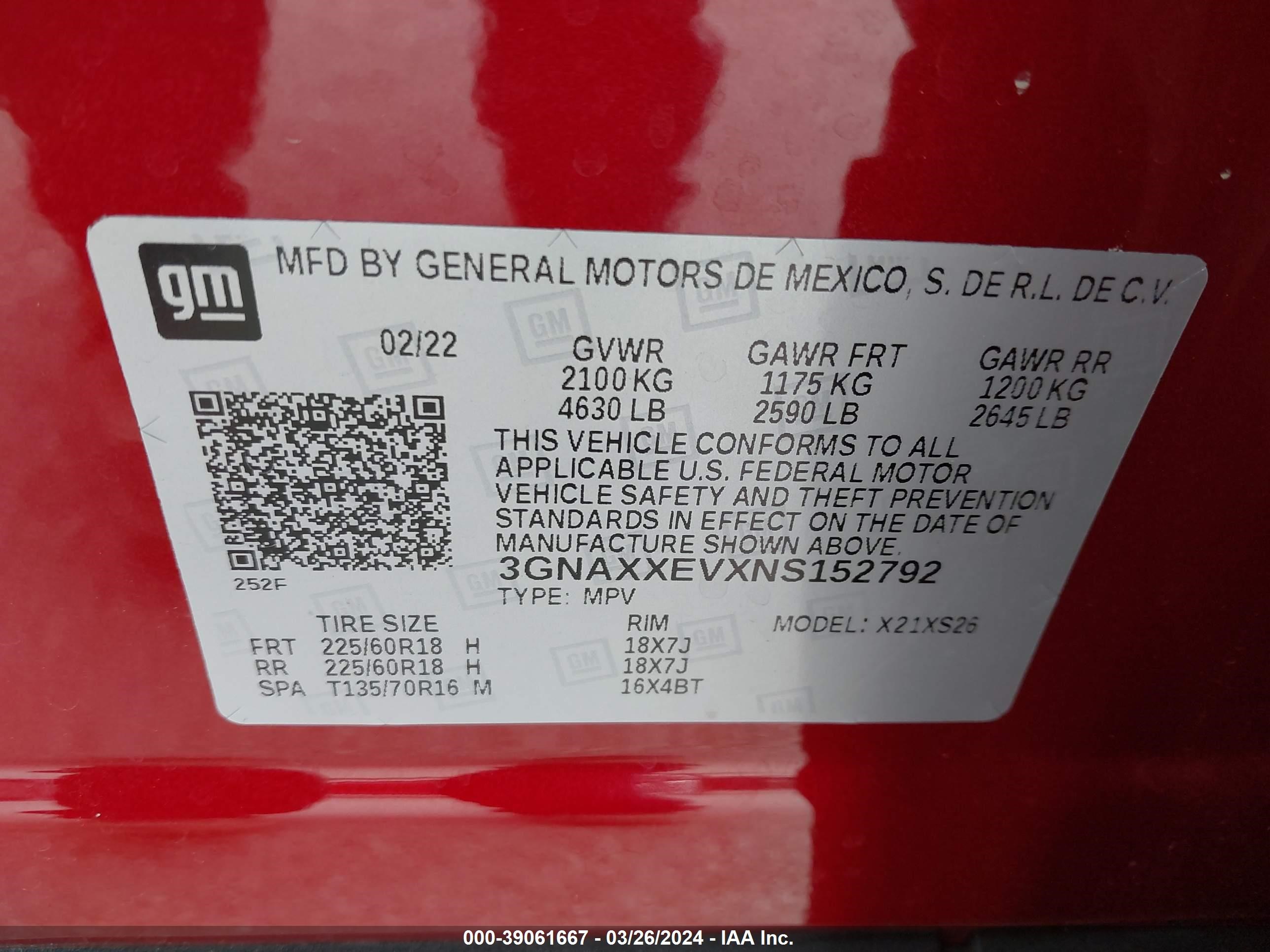 Photo 8 VIN: 3GNAXXEVXNS152792 - CHEVROLET EQUINOX 