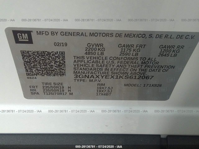 Photo 8 VIN: 3GNAXYEX1KS612067 - CHEVROLET EQUINOX 