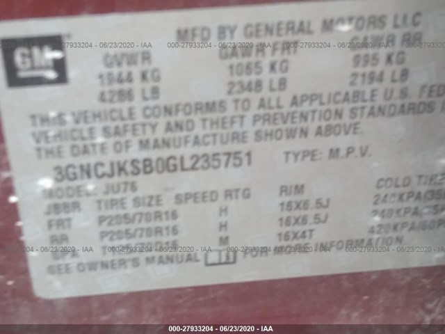 Photo 8 VIN: 3GNCJKSB0GL235751 - CHEVROLET TRAX 