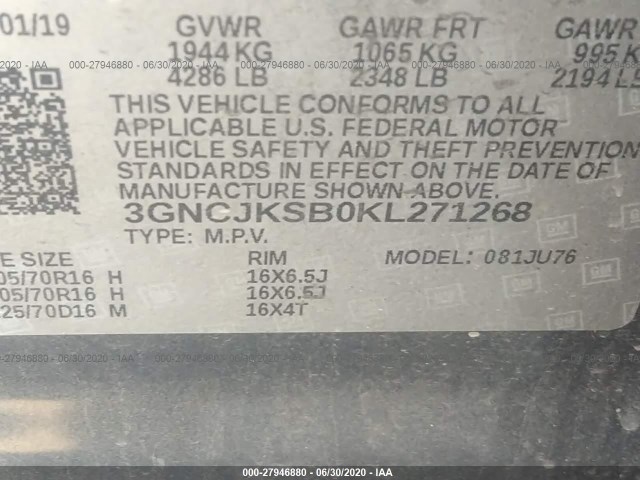 Photo 8 VIN: 3GNCJKSB0KL271268 - CHEVROLET TRAX 