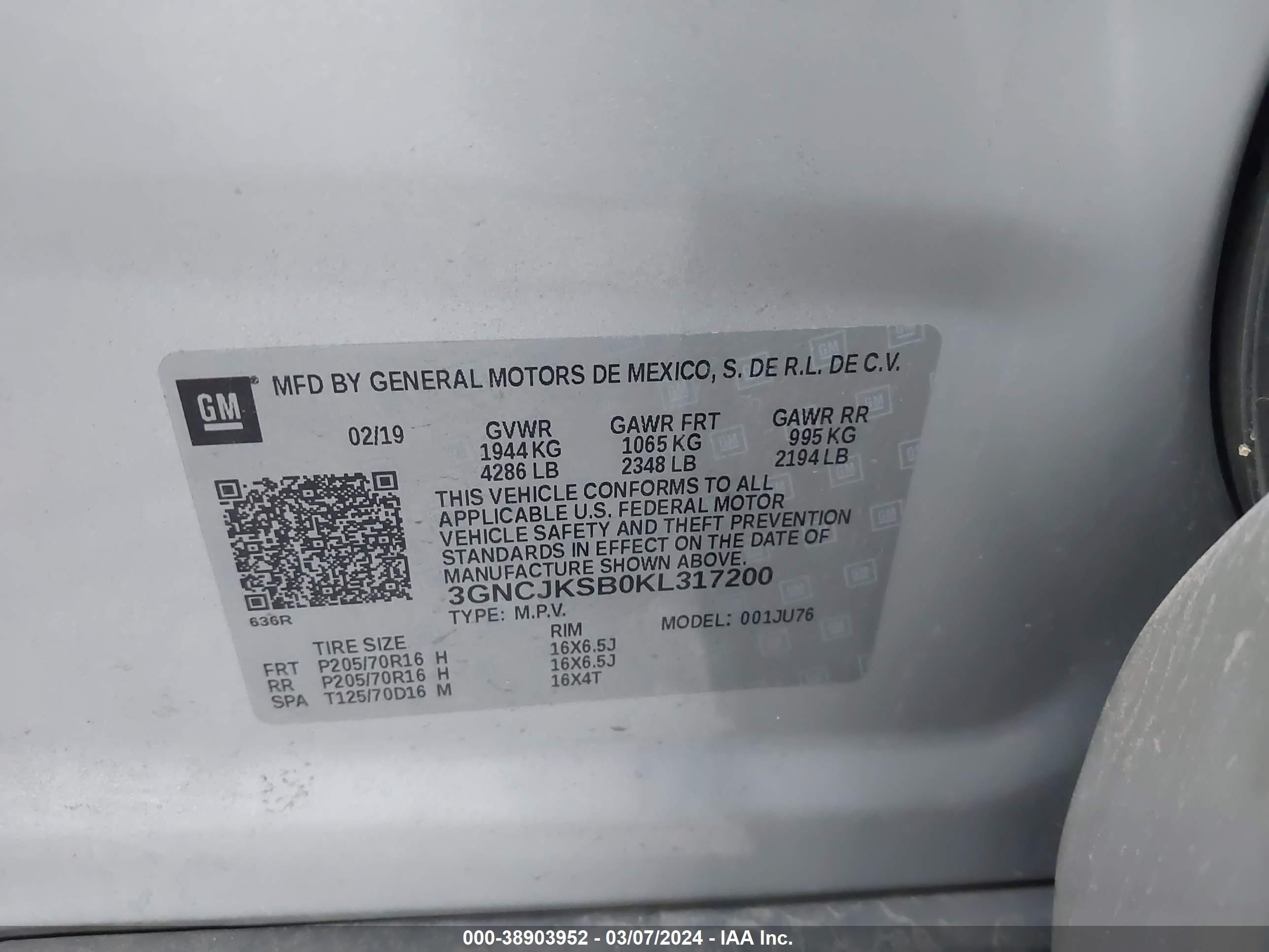 Photo 8 VIN: 3GNCJKSB0KL317200 - CHEVROLET TRAX 