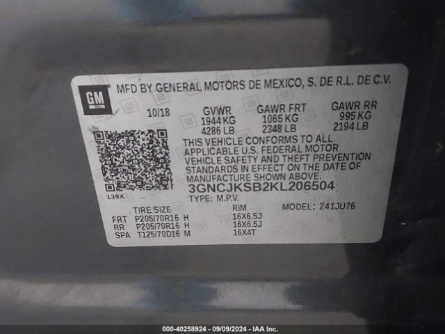 Photo 8 VIN: 3GNCJKSB2KL206504 - CHEVROLET TRAX 