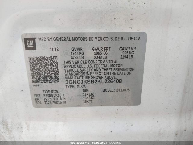 Photo 8 VIN: 3GNCJKSB2KL236408 - CHEVROLET TRAX 