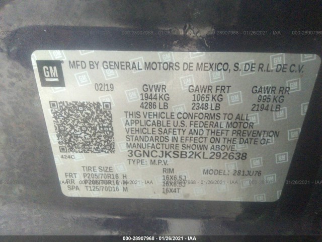 Photo 8 VIN: 3GNCJKSB2KL292638 - CHEVROLET TRAX 