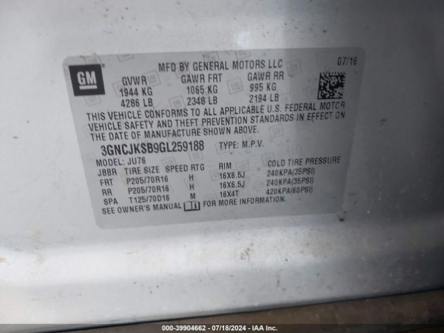 Photo 8 VIN: 3GNCJKSB9GL259188 - CHEVROLET TRAX 