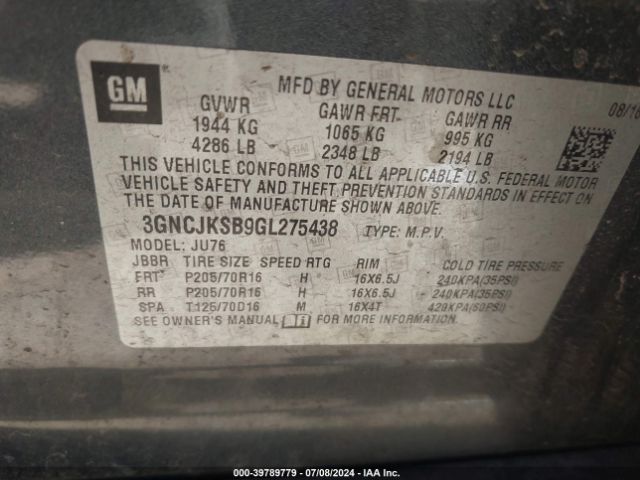 Photo 8 VIN: 3GNCJKSB9GL275438 - CHEVROLET TRAX 