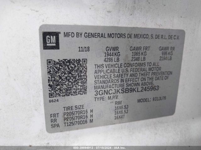 Photo 8 VIN: 3GNCJKSB9KL245963 - CHEVROLET TRAX 