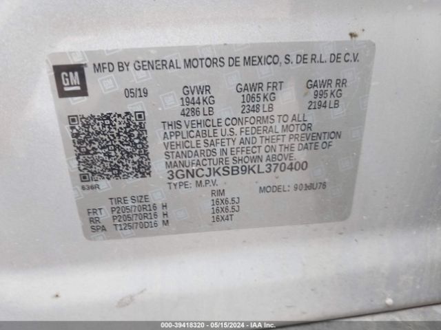 Photo 8 VIN: 3GNCJKSB9KL370400 - CHEVROLET TRAX 