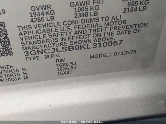 Photo 8 VIN: 3GNCJLSB0KL310057 - CHEVROLET TRAX 