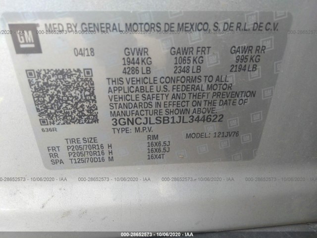 Photo 8 VIN: 3GNCJLSB1JL344622 - CHEVROLET TRAX 