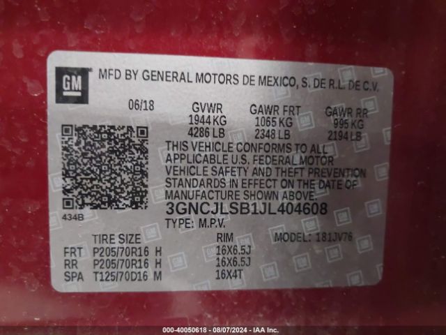 Photo 8 VIN: 3GNCJLSB1JL404608 - CHEVROLET TRAX 