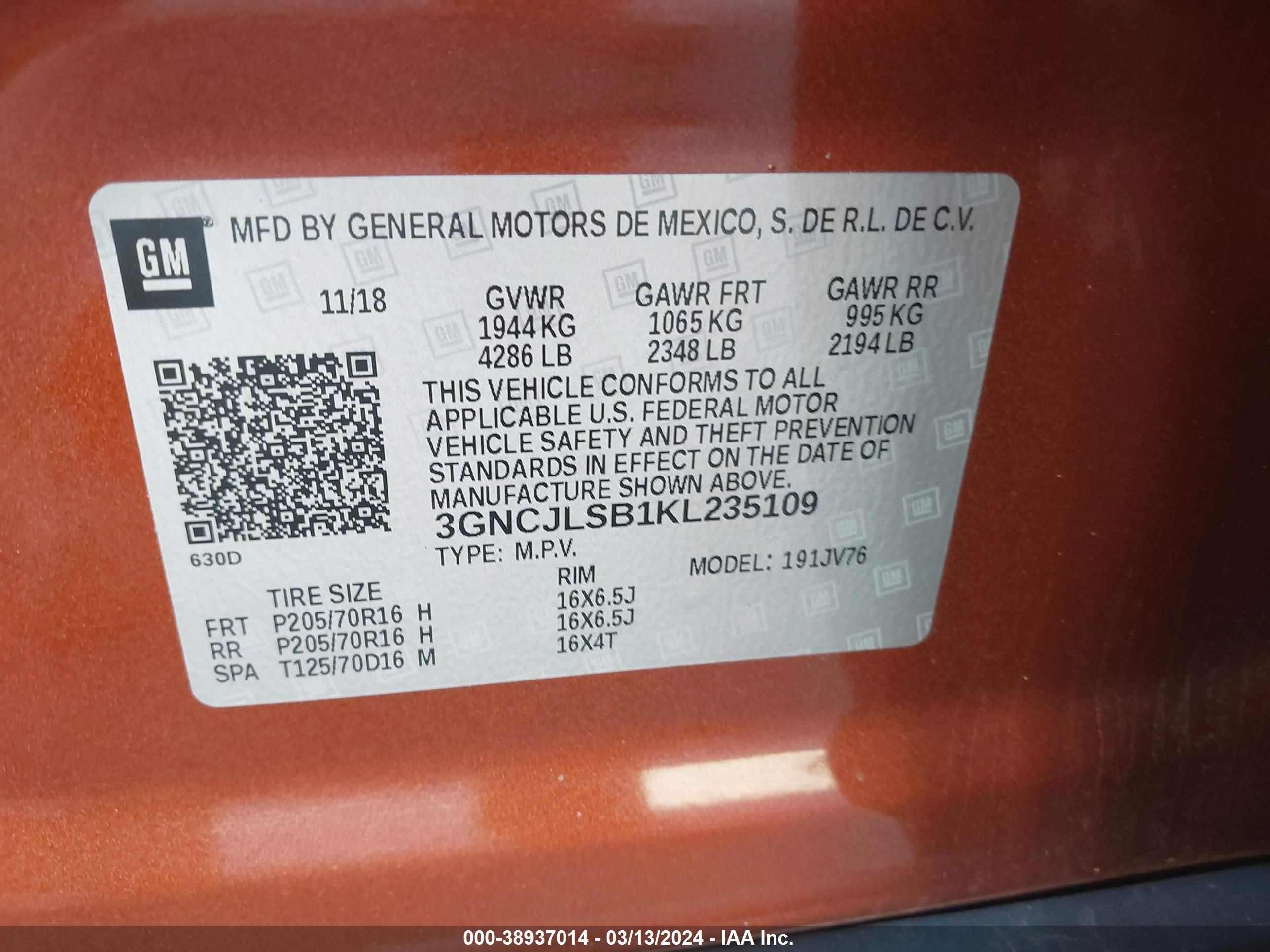 Photo 8 VIN: 3GNCJLSB1KL235109 - CHEVROLET TRAX 