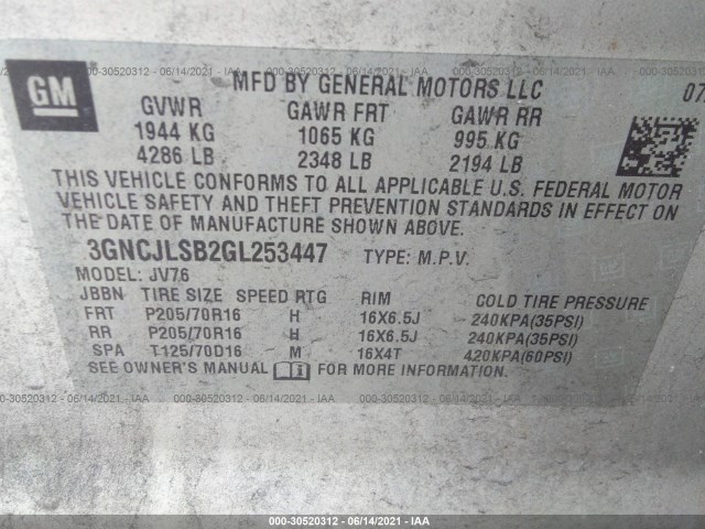 Photo 8 VIN: 3GNCJLSB2GL253447 - CHEVROLET TRAX 