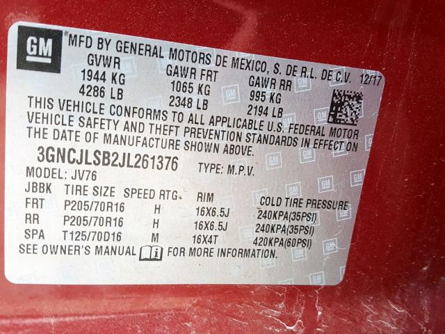 Photo 9 VIN: 3GNCJLSB2JL261376 - CHEVROLET TRAX 1LT 