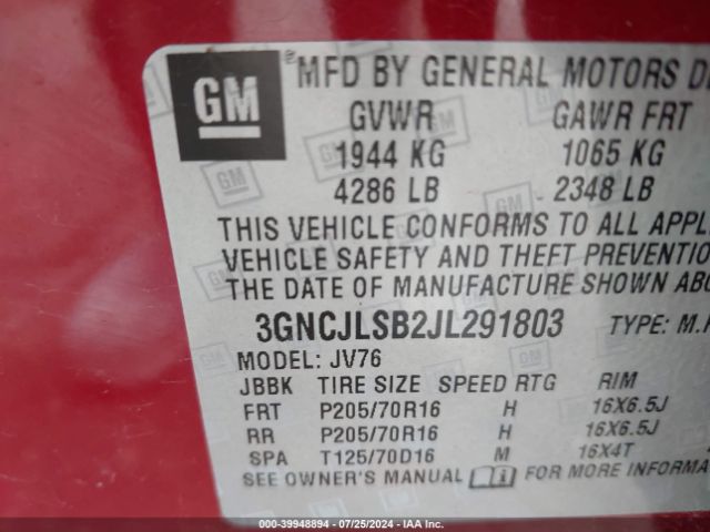 Photo 8 VIN: 3GNCJLSB2JL291803 - CHEVROLET TRAX 